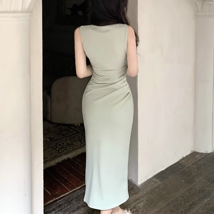 Square Neck Pleated Irregular Sleeveless Bodycon Dress