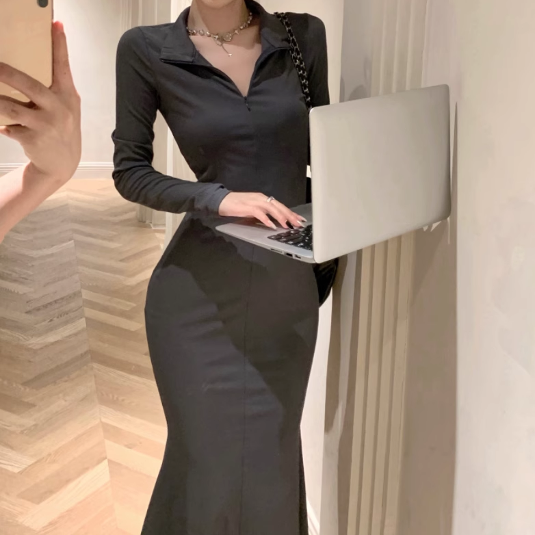 Solid Color Lapel Zipper Slim-Fitting Fishtail Dress