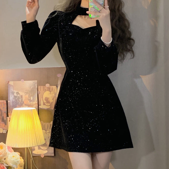 Christmas Waist V-Neck Long-Sleeved Dress