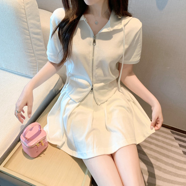 Drawstring Hooded Zip Top Pleated Skirt Set