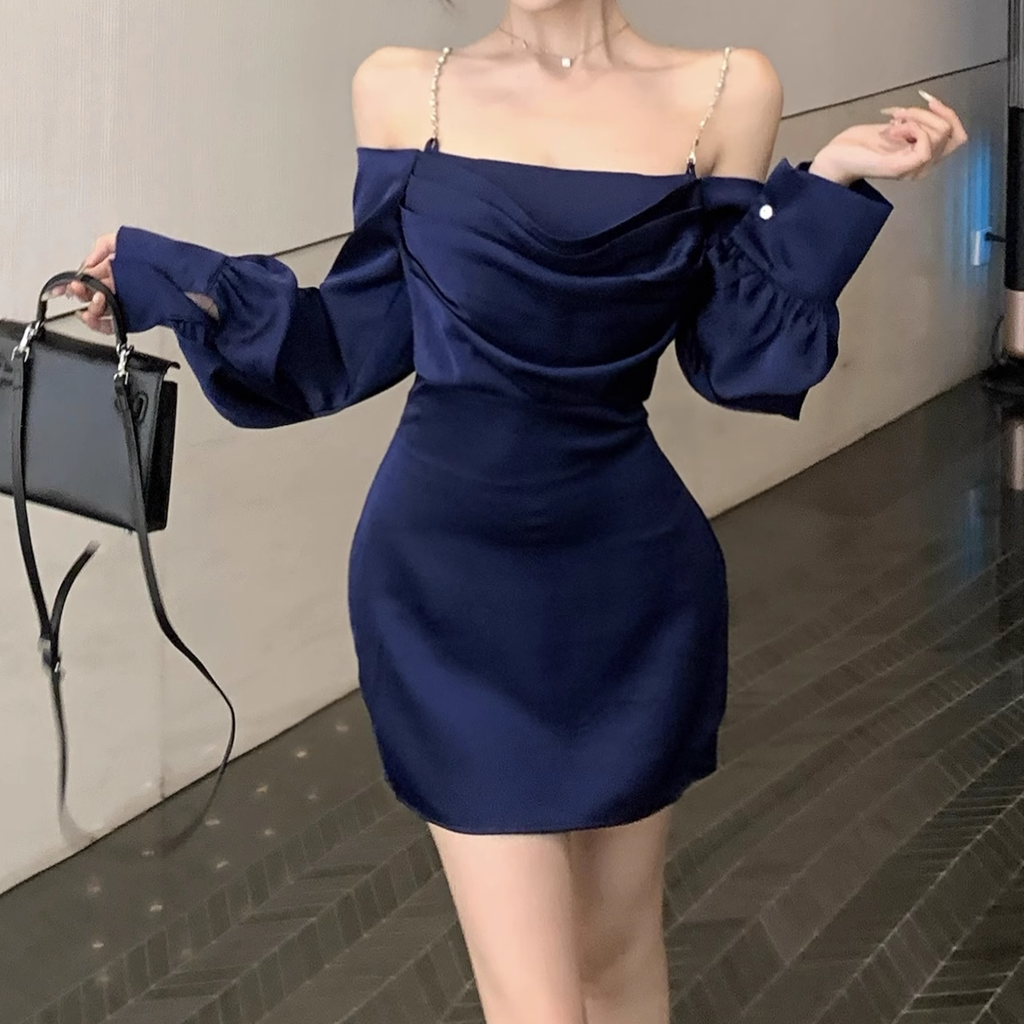 Off-Shoulder Satin Pleated Lantern Sleeve Cami Dress