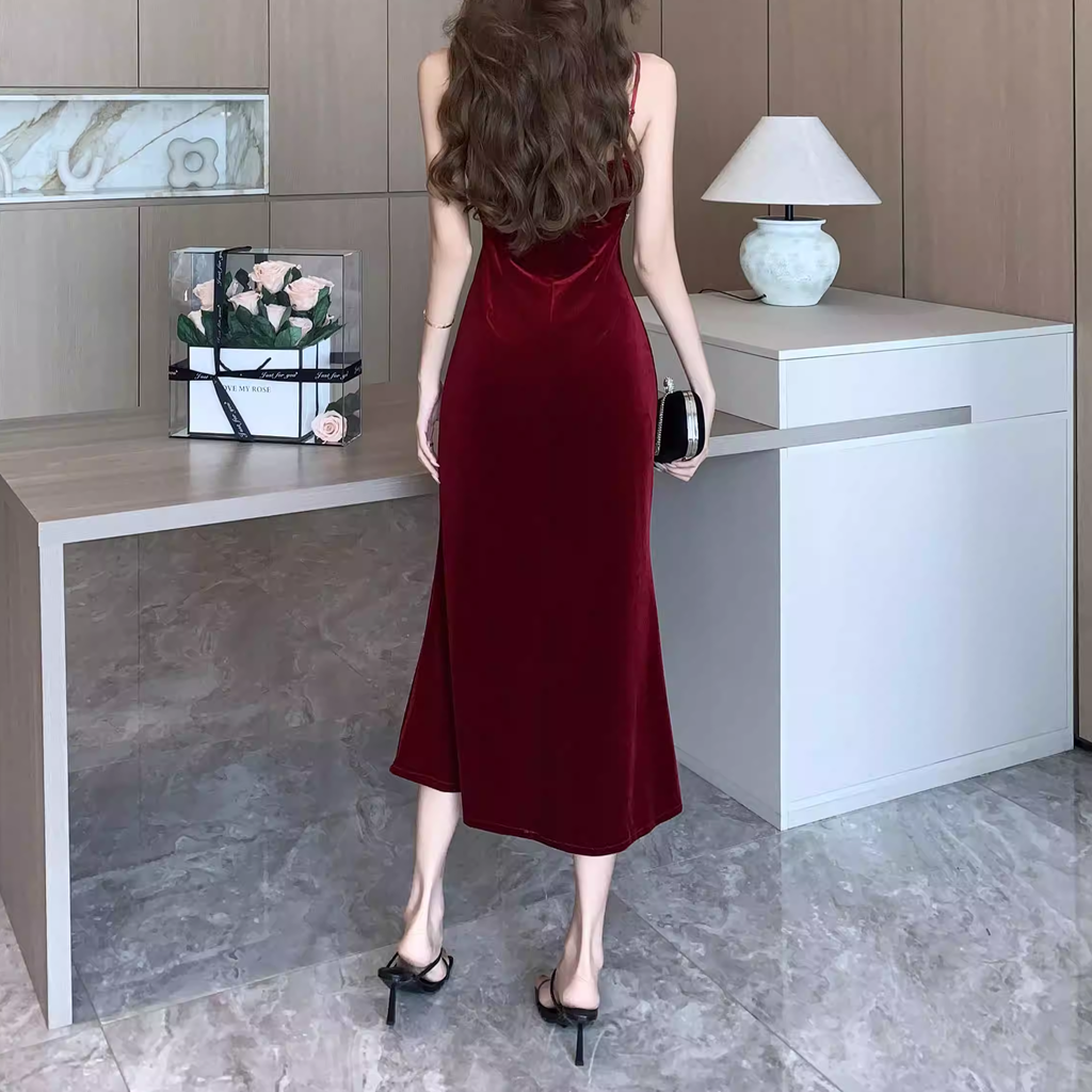 Rose Velvet High Waist Long Suspender Dress