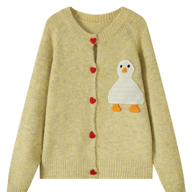 Heart Button Duck Round Neck Knitted Cardigan Sweater
