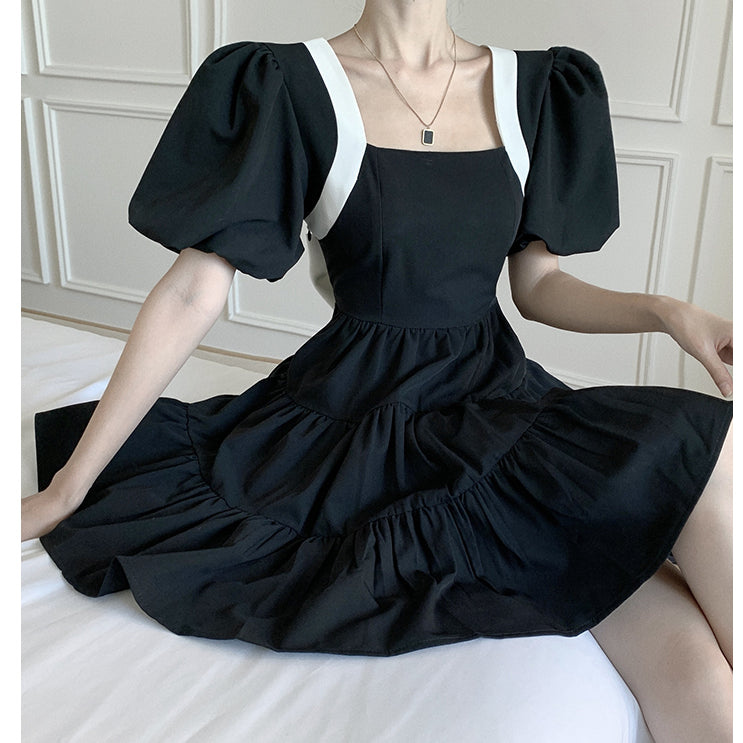 Backless Bow Square Neck Sweet Black Dress