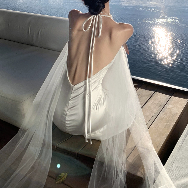 V-Neck Mesh Open-Back Long White Dress