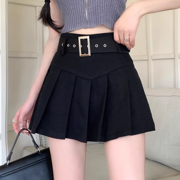 High Waist Pleated Belt A-Line Skirt