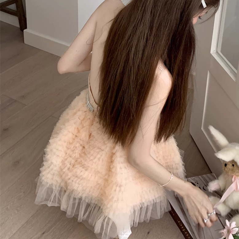 Halter Neck Net Gauze Waist Sweet Dress