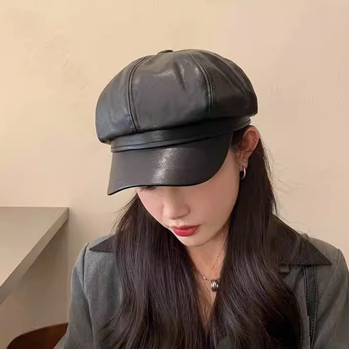 Octagonal Duck Bill Newsboy Leather Hat Beret
