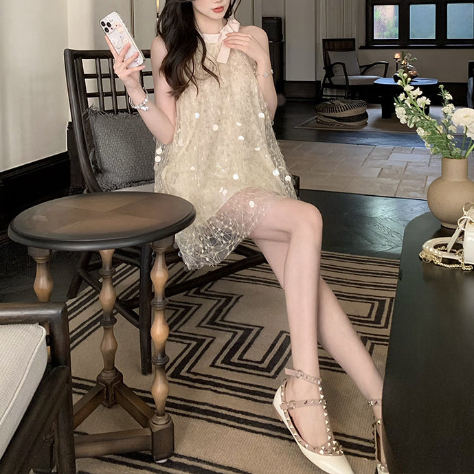 Sequined Loose Halterneck Mesh Dress
