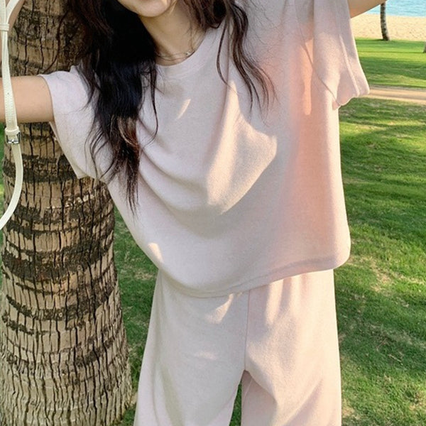 Solid Color Short-Sleeved Top Wide-Leg Trousers Set