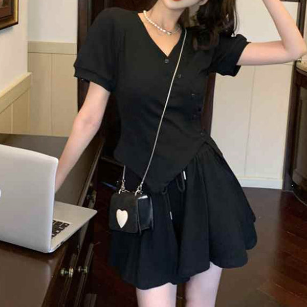 Irregular V-Neck Diagonal Button Top Drawstring Skirt Set