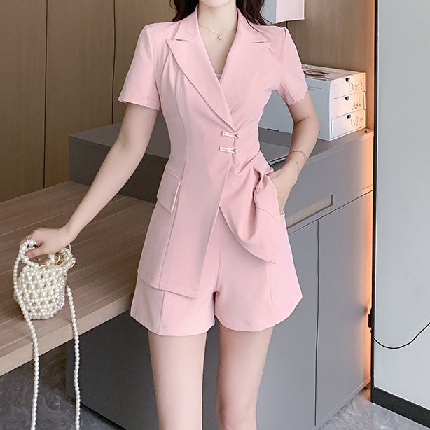 Buckle Short Sleeve Blazer Top High Waist Shorts Set