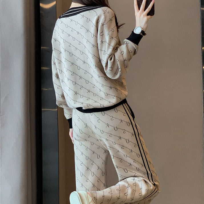 Letter V-Neck Sweater Knitted Straight Pants Set