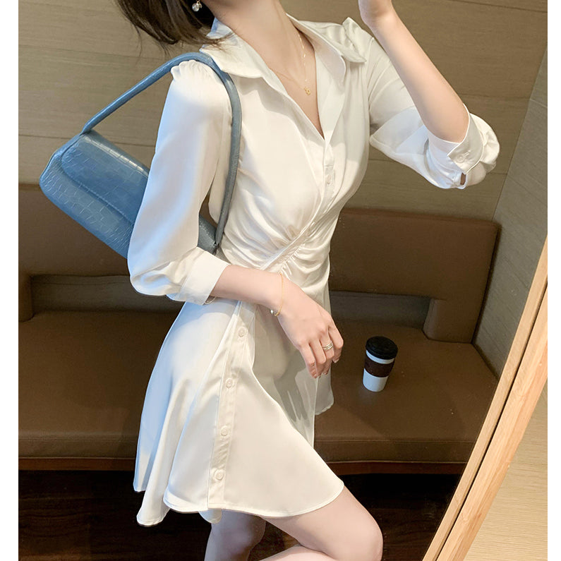 Pleated Diagonal Button Slim Waist Shirt Dress