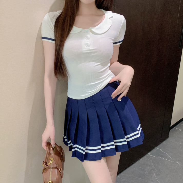 Lapel Slim T-Shirt High Waist Pleated Skirt Set
