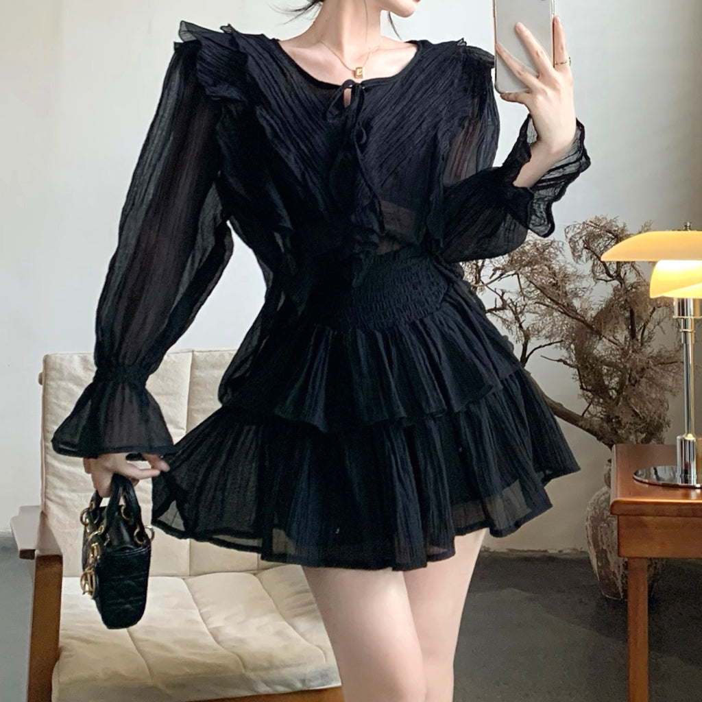 Trumpet Sleeve Tie Shirt High Waist Cake Skirt Set