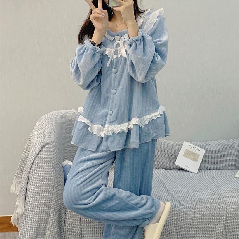 Flannel Warm Lace Home Pajamas Set