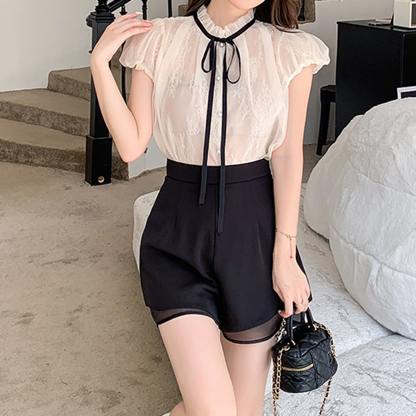 Lace Short Sleeve Lace Top Wide Leg Shorts Set