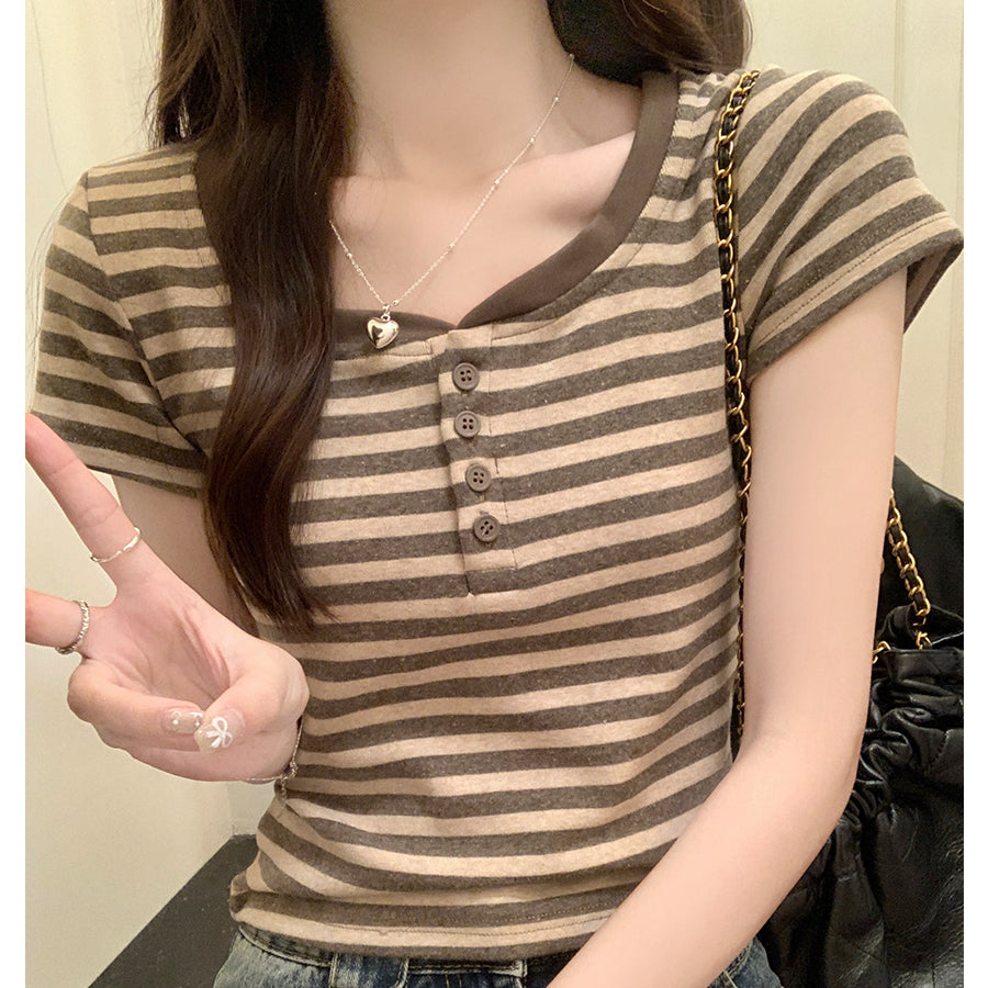 Striped Crew Neck Buttoned Slim Fit T-Shirt Top
