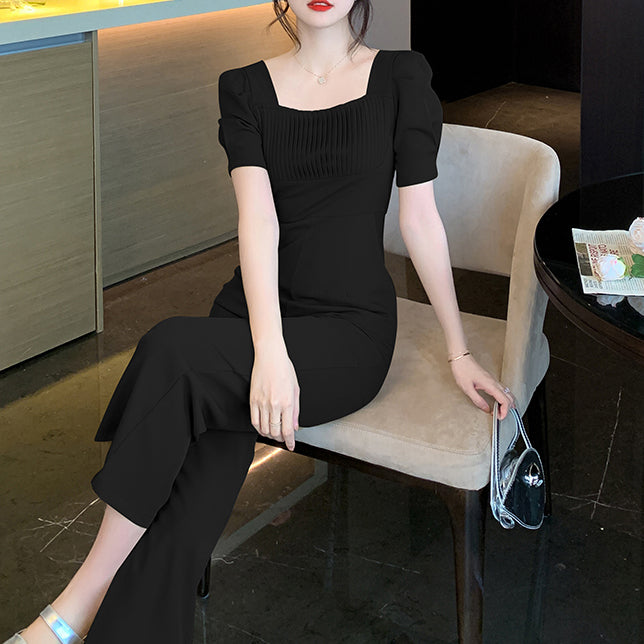 Fashionable Square Neck Pleated Simple Waist Slimming Jumpsuit