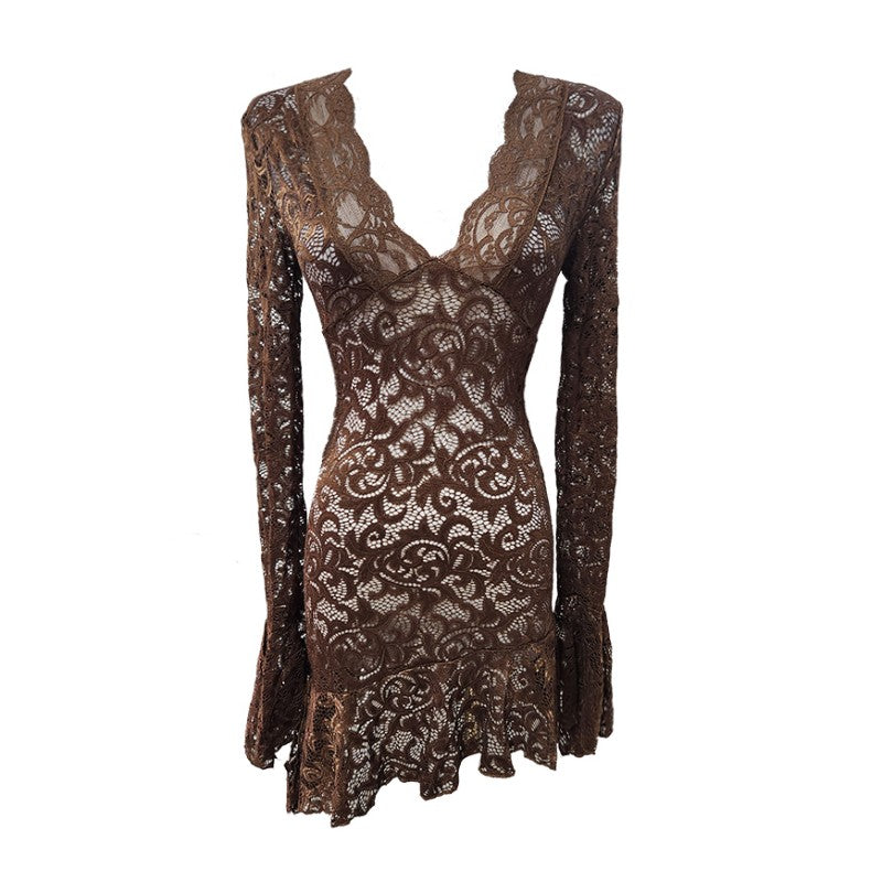 Lace See-Through Hollow Trumpet V-Neck Bodycon Ruffled Dress