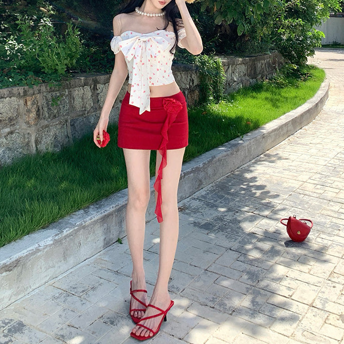 Bow-Tie Off-Shoulder Top And Skirt Two-Piece Set