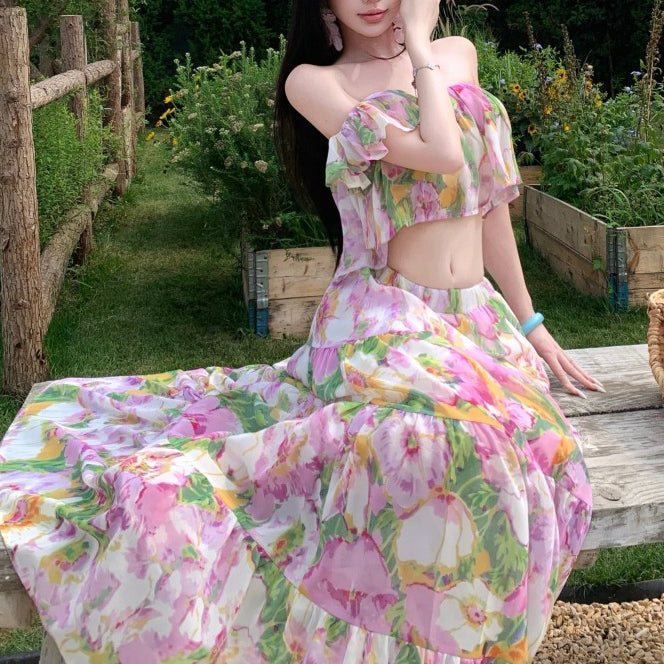 Oil Painting Floral Puff Sleeve Short-Sleeved Top And Skirt Set