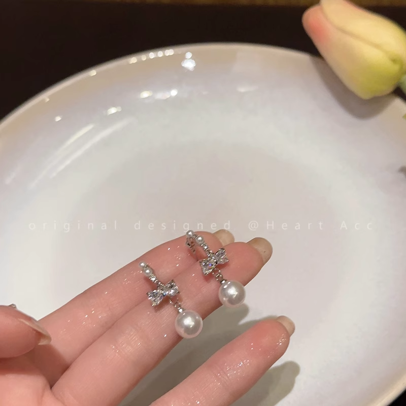Bow Zircon Pearl Stud Earrings Versatile Ear Accessories