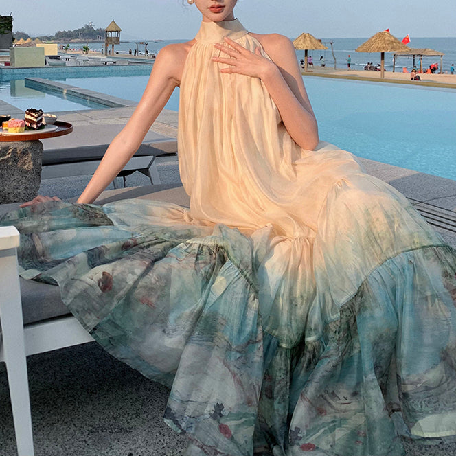 Chinese Style Printed Halterneck Holiday Dress