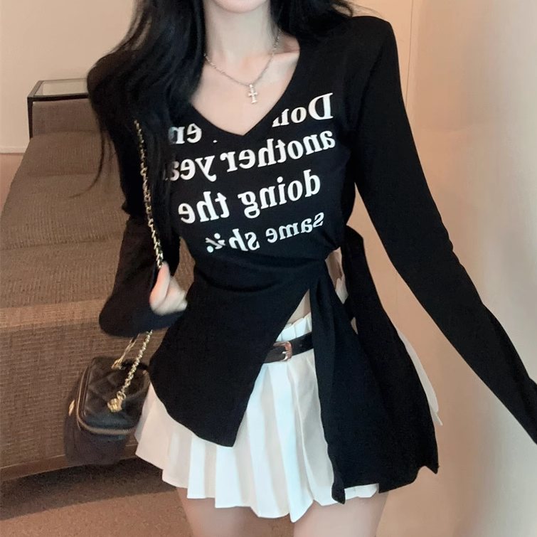 Padded Shoulder V-Neck Slit Tie Irregular T-Shirt