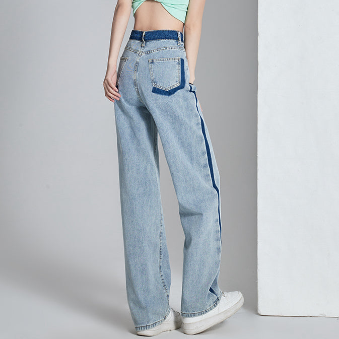 Contrasting Color High-Waist Wide-Leg Jeans