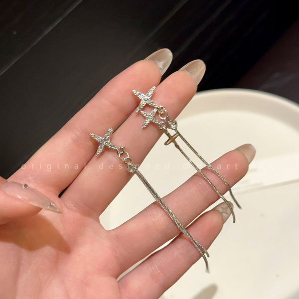 Irregular Cross Zircon Tassel Silver Needle Stud Earrings