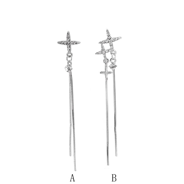 Irregular Cross Zircon Tassel Silver Needle Stud Earrings