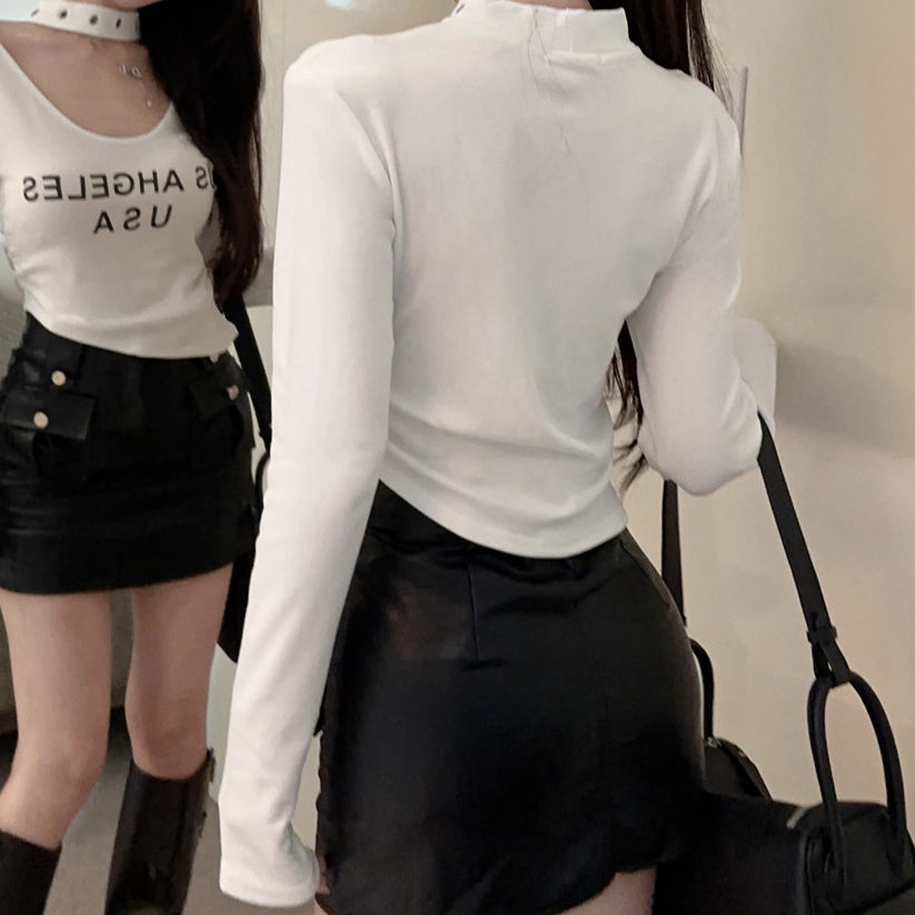 Halterneck V-Neck Brushed Letter Print T-Shirt