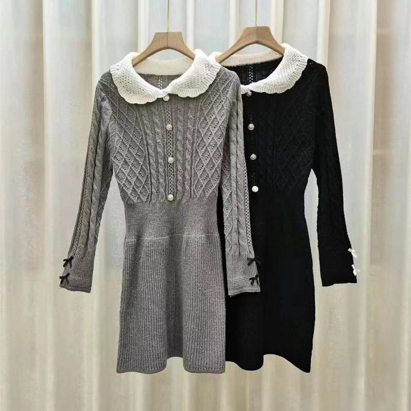 Bow-Tie Sweater Doll Collar Peacock Velvet Short Dress