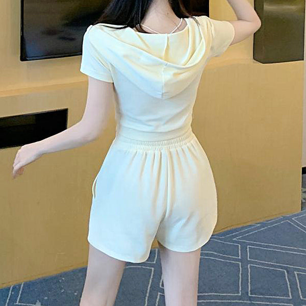 Zipper Hooded Slim Top Elasticated Waist Shorts Set