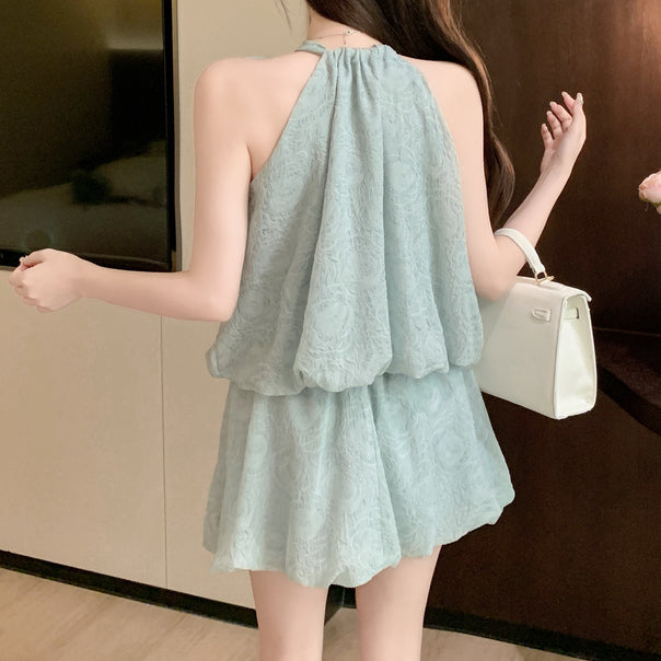 Chiffon Tie Shirt Elastic Waist Flower Bud Skirt Set