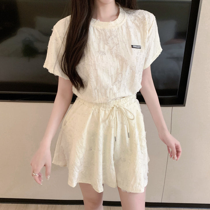 Diamond Ripped Label T-Shirt Elastic Waist Shorts Set