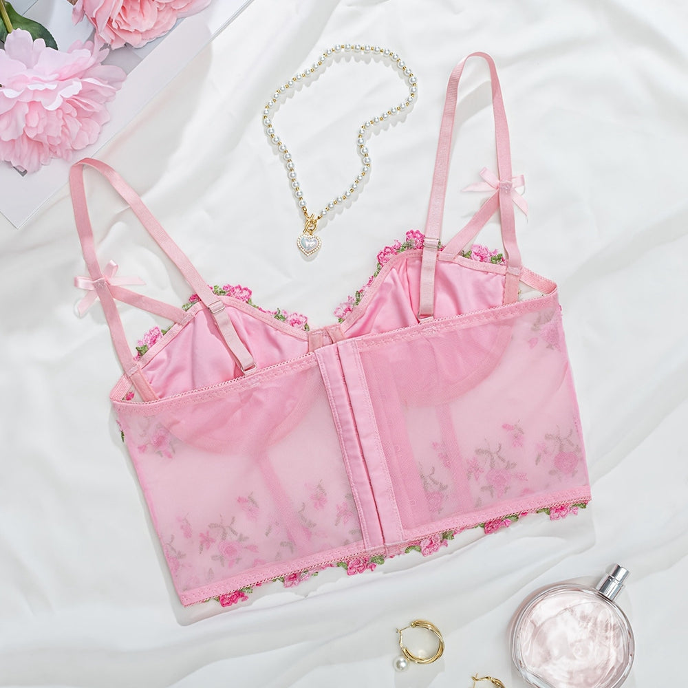 Flower Embroidered Bow Fishbone Corset Underwear