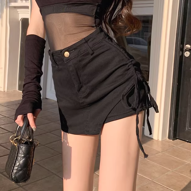 Side Drawstring Irregular High Waist Denim Skirt