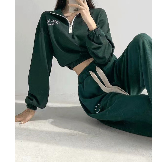 Zipper Cropped Sweatshirt Elastic Waist Pants Set