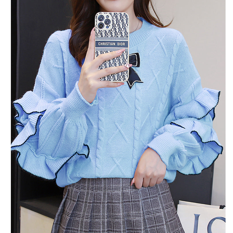 Round Neck Ruffled Bow Knitted Sweater