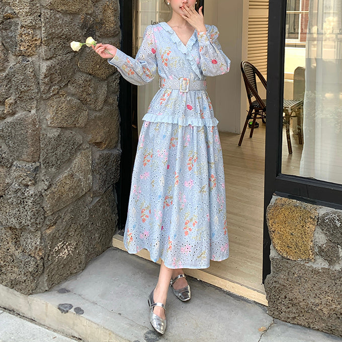 French-Style Tea Break V-Neck Floral Dress With Belt