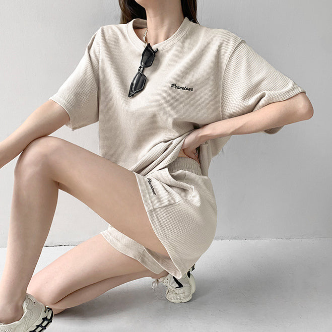 Loose Waffle T-Shirt Elastic Wide Leg Shorts Set