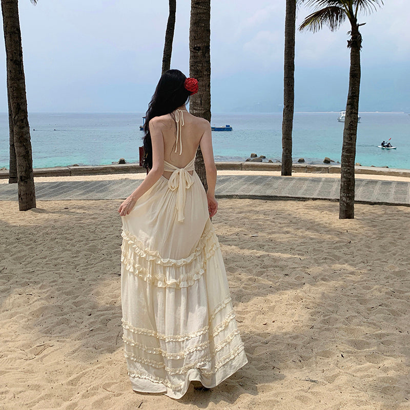 French Bow Strap Halterneck Dress