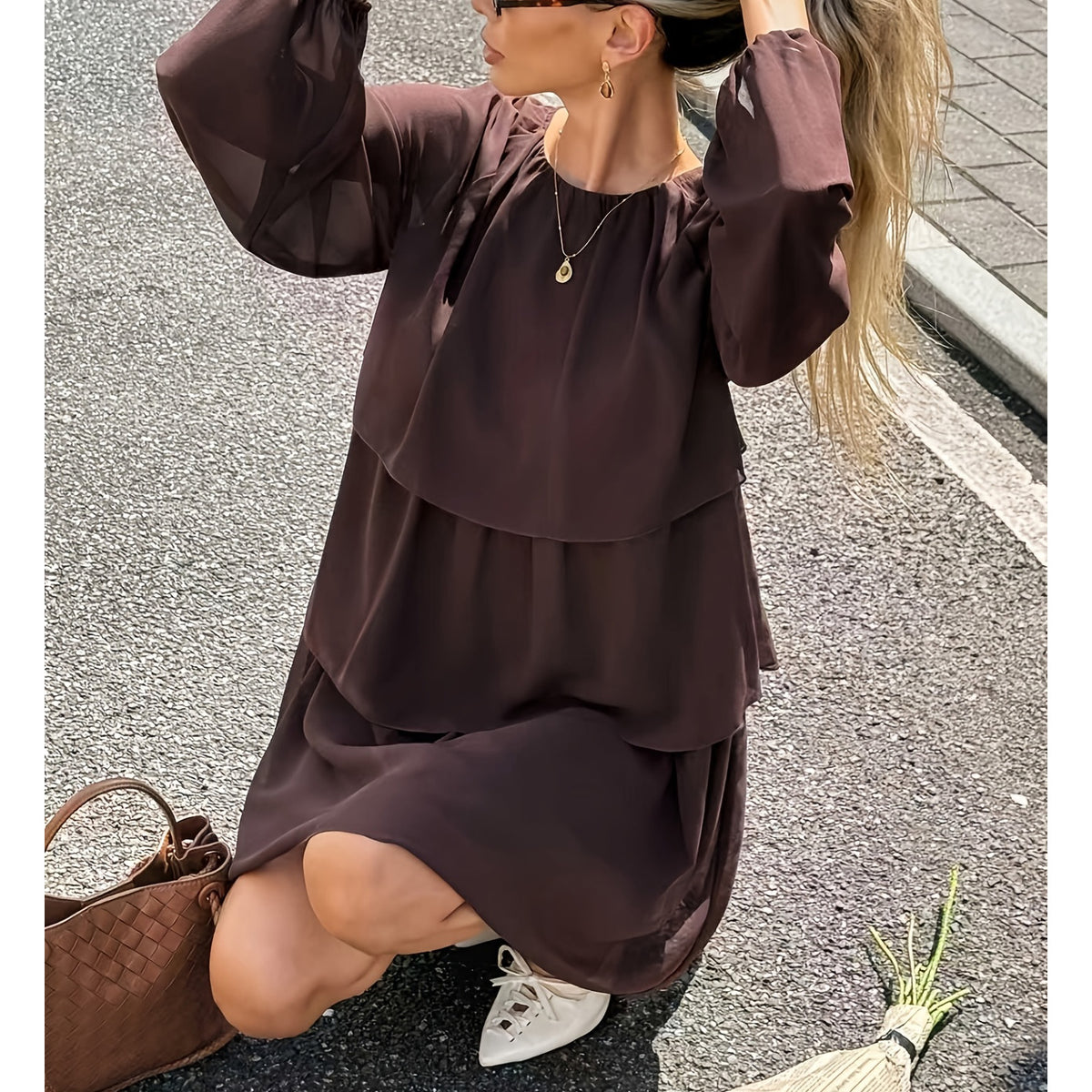 Round Neck Ruffled Long Sleeve Dress
