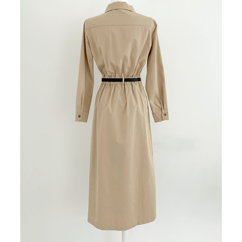 Slit Single-Breasted Belt Shirt Slim Long Dress