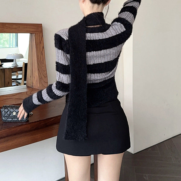 Mohair Striped V-Neck Knitted Sweater Scarf
