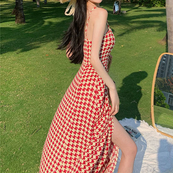 Houndstooth Slit Waist Slit Holiday Slip Dress