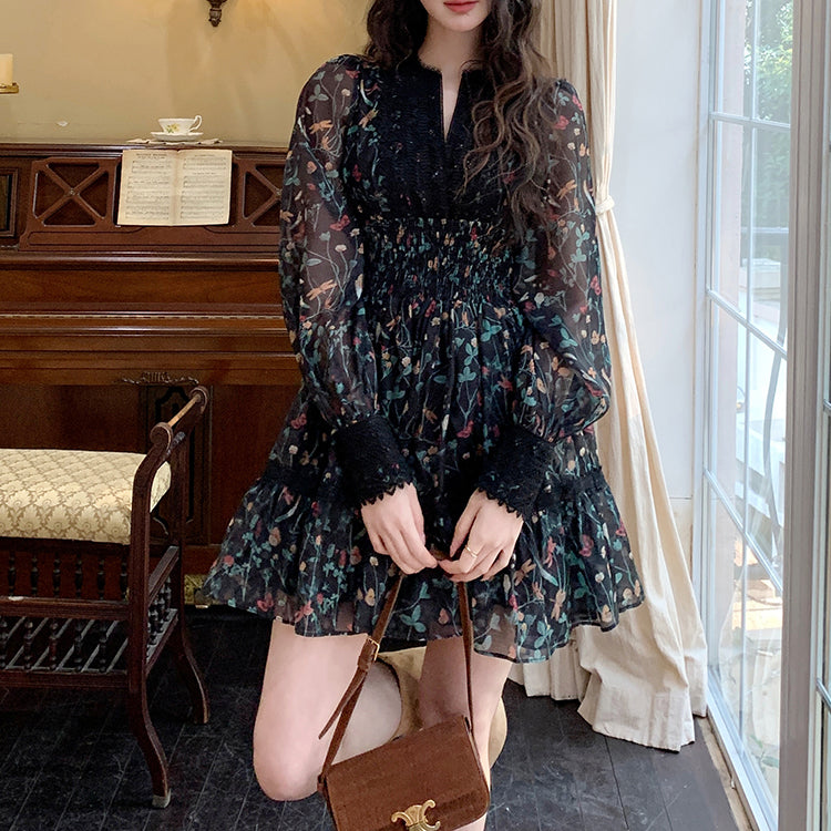 Retro Floral Print Lace Waist-Cinching Dress